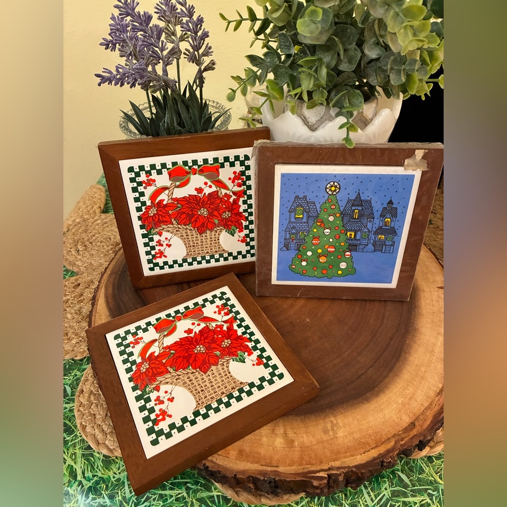 Vintage Festive Brown Wood and Tile Trivet Set and or Wall hangings